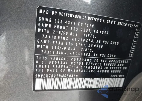 2024 Volkswagen Taos 1.5T Se from USA, damaged, VIN 3VVEX7B22RM058468